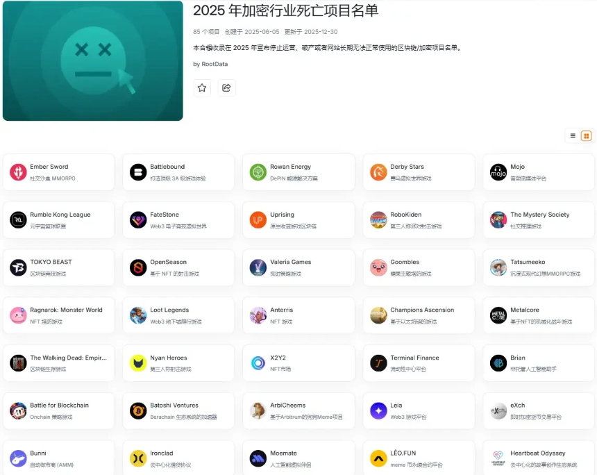 RootData发布的2025年部分死亡项目名单