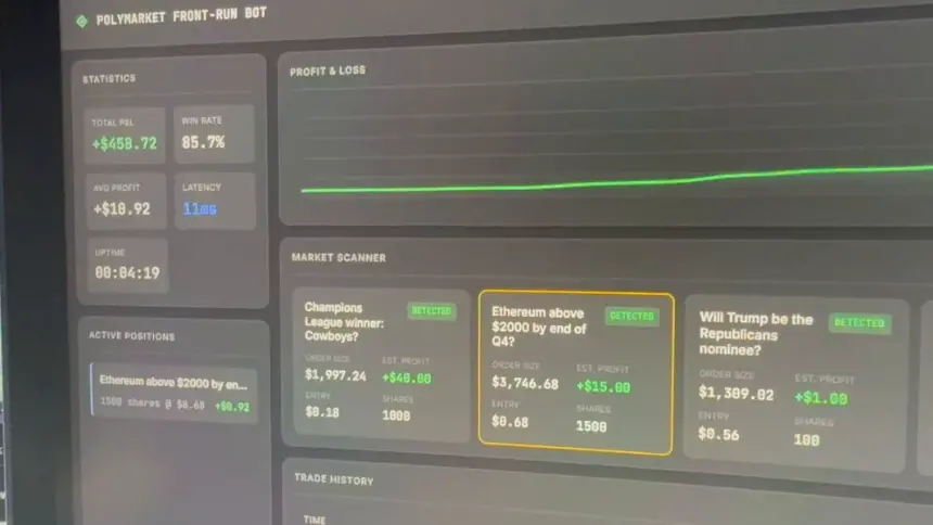 Front-run bot dashboard displaying performance metrics