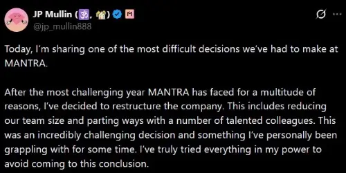 Mantra 宣布在代币崩溃和充满挑战的一年后进行重大重组