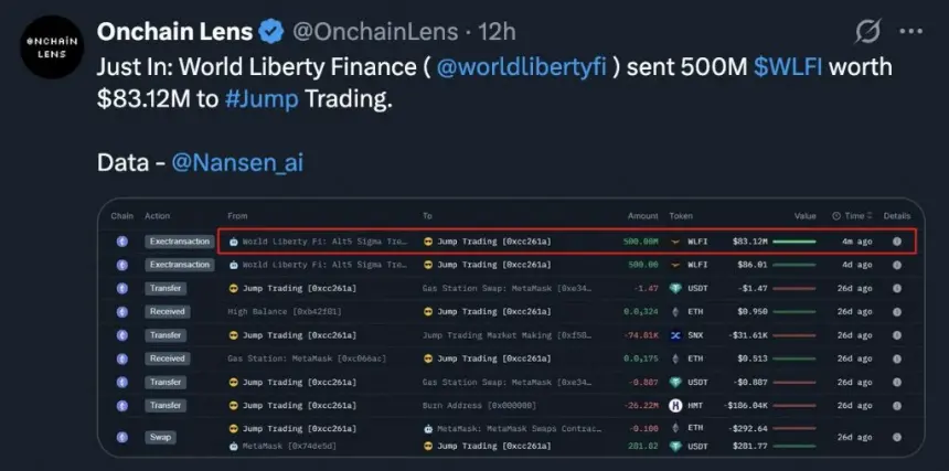 500 million WLFI tokens sent to Jump trading