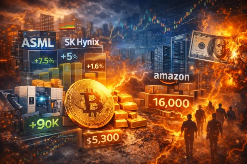 Chip stocks rip on ASML and SK Hynix, Amazon cuts deepen AI push, gold smashes records, and Bitcoin reclaims $90K.