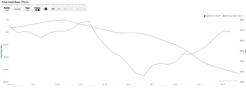 Chart showing Bitcoin network hashrate drop