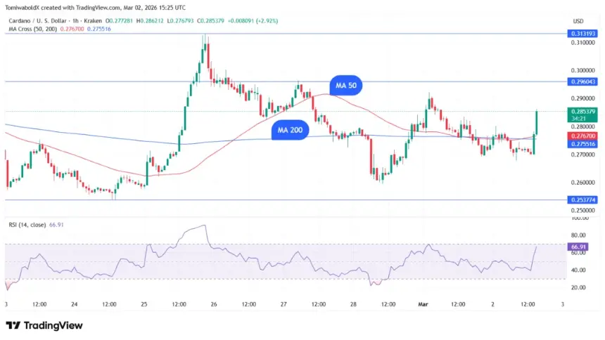COINBASE:ADAUSD Hourly Chart showing technical indicators