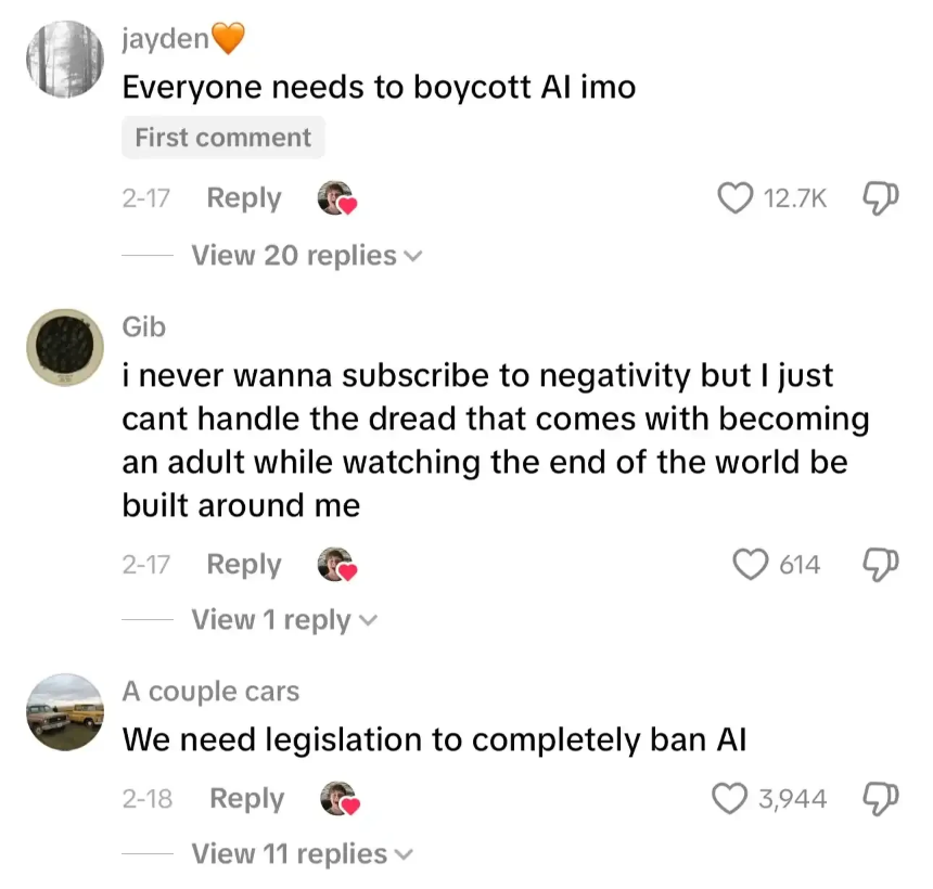 TikTok评论截图显示对AI的负面情绪