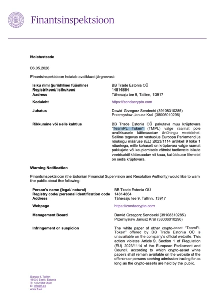 Screenshot of the official investor warning for Zondacrypto and its parent company, issued by the Estonian FSA.