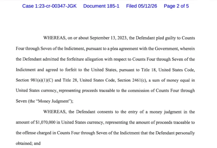 Court document related to the forfeiture