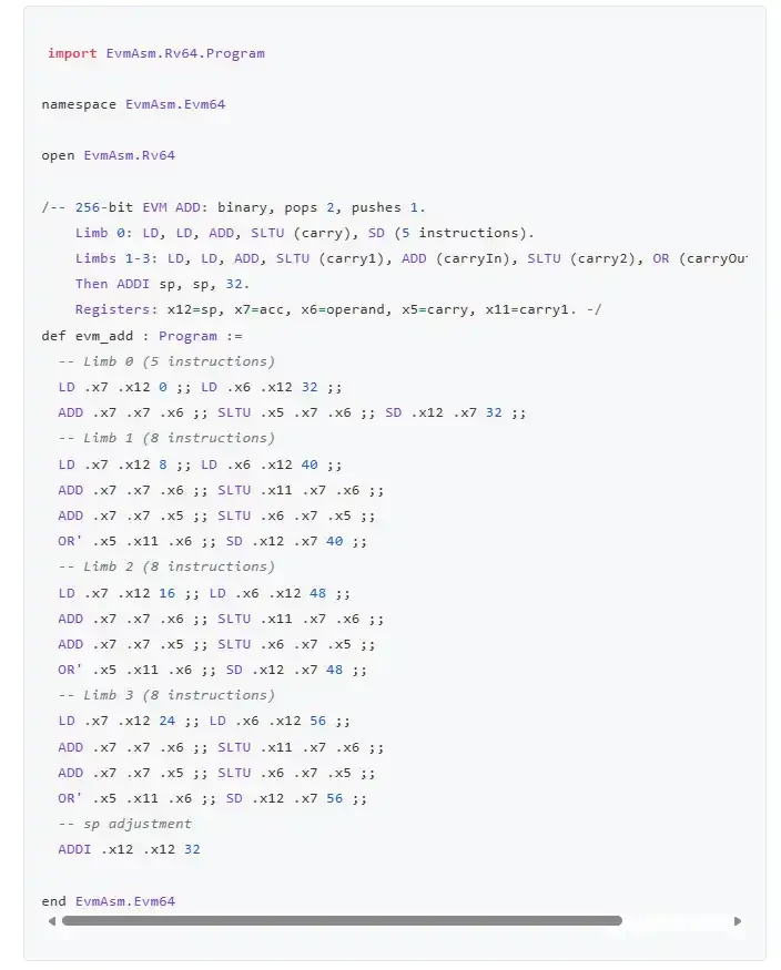 用RISC-V汇编编写的EVM ADD操作码示例