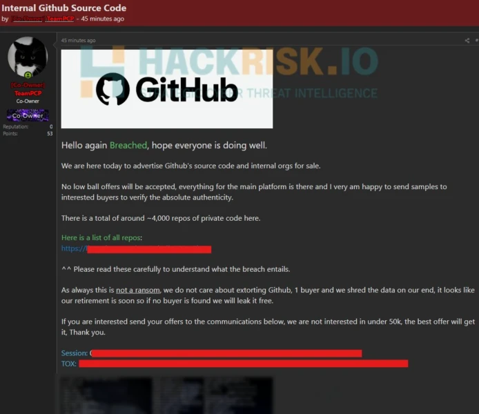 Screenshot of TeamPCP claiming responsibility on an underground hacker forum