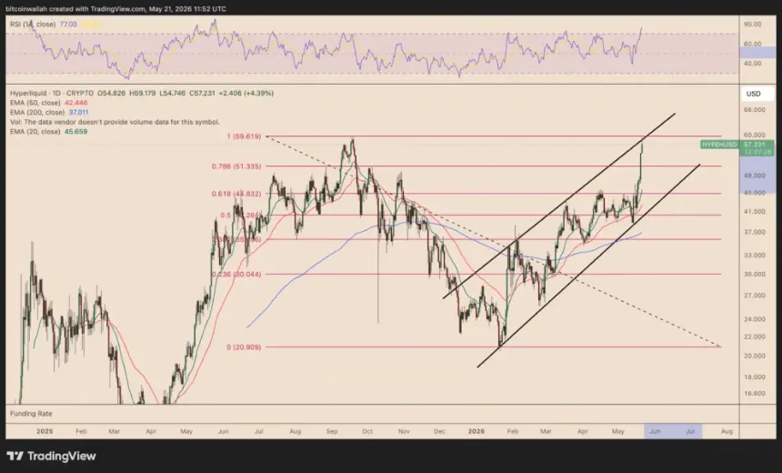 Daily price chart for HYPE/USD showing an ascending channel and key Fibonacci retracement levels.