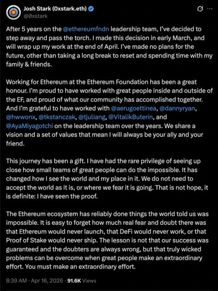 Social media post related to Ethereum Foundation developments
