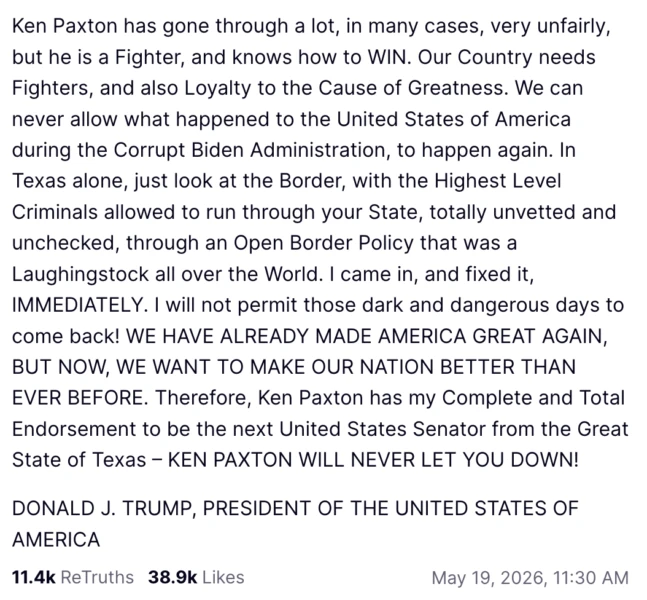 Screenshot of a Truth Social post by Donald Trump endorsing Ken Paxton