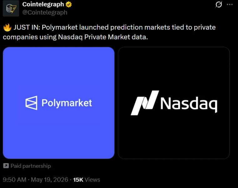 Logo and graphic representing the Polymarket and Nasdaq partnership