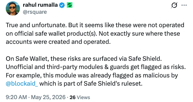 Screenshot of a social media post from Safe Labs CEO