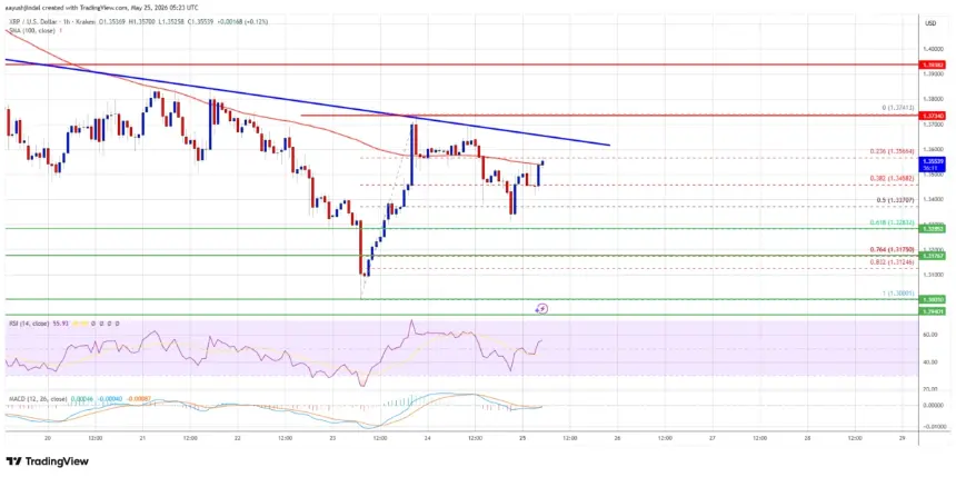XRP/USD hourly price chart showing trend line and key levels