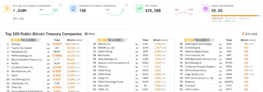 Chart showing top Bitcoin treasury companies by holdings