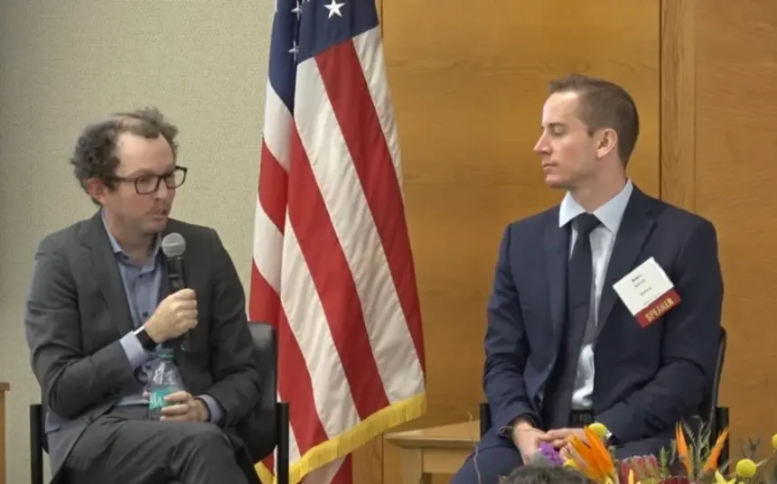 Nathan Allman (left) speaking at the Ninth Annual Fintech Conference in Philadelphia in November.