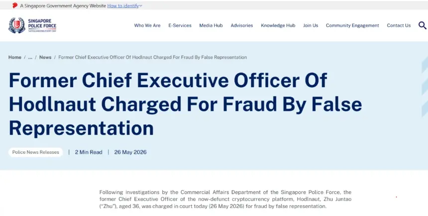 Singapore Police Force charges former Hodlnaut chief executive Zhu Juntao.