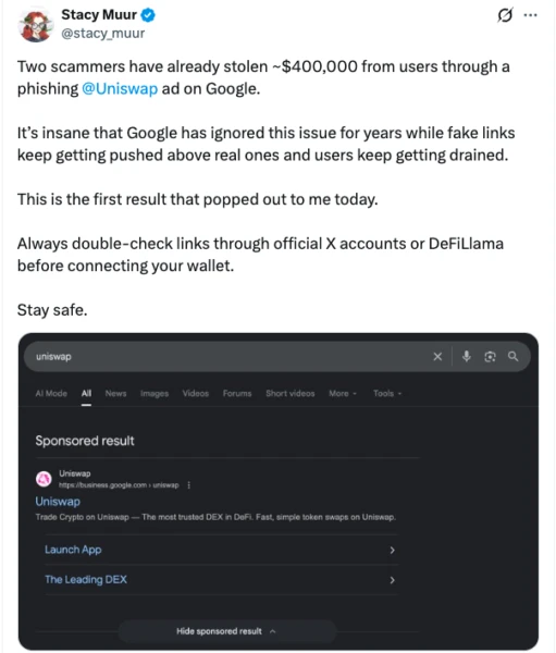 Screenshot of fraudulent Google ad impersonating Uniswap