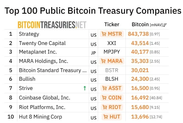 Chart showing public company bitcoin holdings