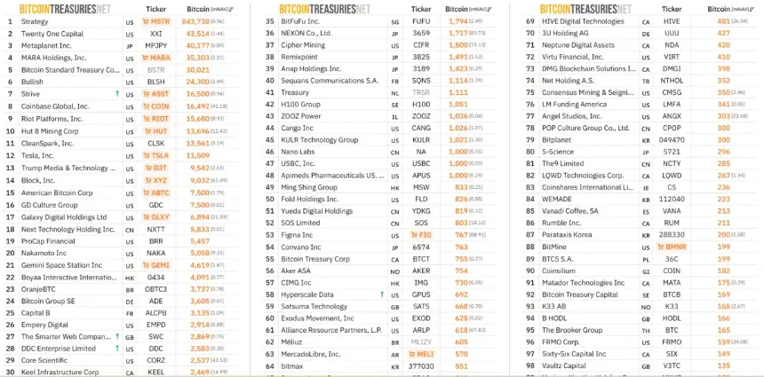 Top Public Companies Holding BTC