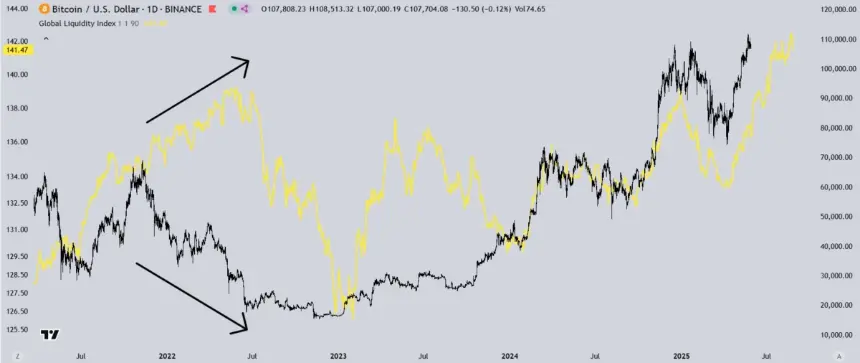 BTC one-day chart with global liquidity data
