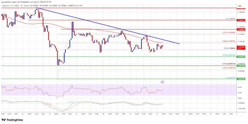 Dogecoin price chart showing bearish trend line and key levels