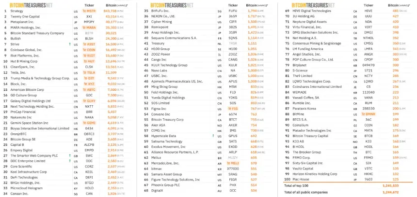 Top 100 Public Companies Holding BTC