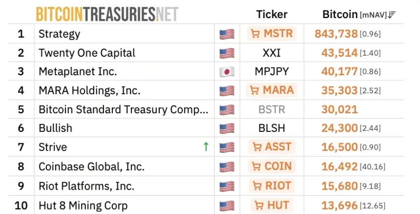 Graphic showing Top 10 Bitcoin treasury companies by holdings
