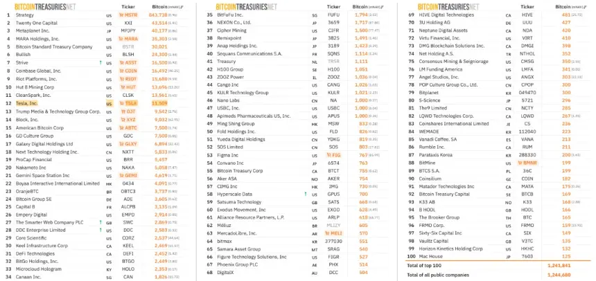 Top Public Companies Holding BTC. Source: Bitcoin Treasuries