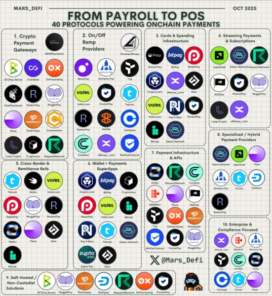 Infographic listing crypto protocols and platforms facilitating onchain payments