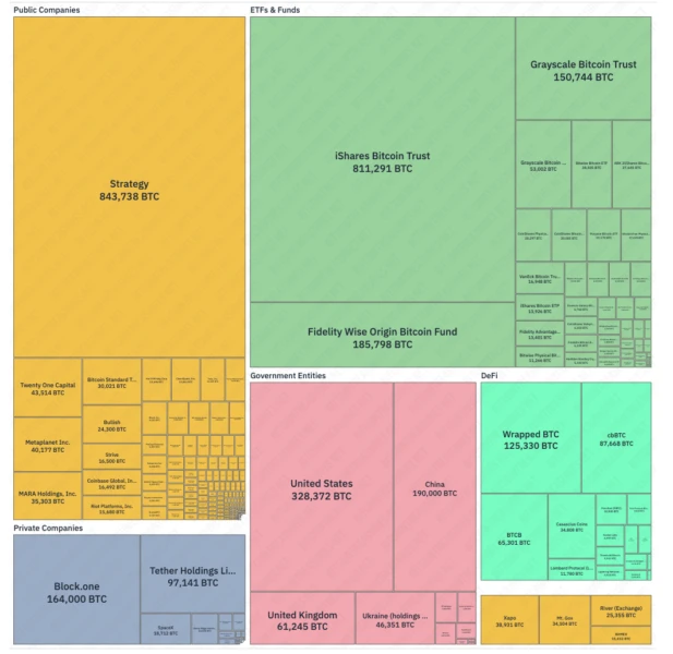 Chart showing the distribution of Bitcoin among treasury companies, private firms, governments, and funds.