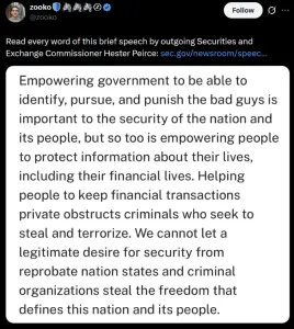 SEC 专员倡导金融隐私，在监管审查中捍卫加密隐私工具 