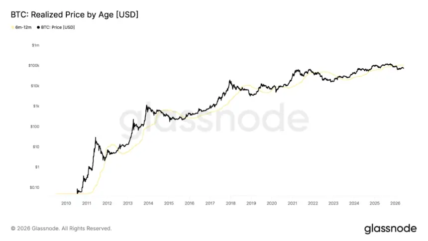 BTC's 3m-6m cohort realized price versus price performance chart