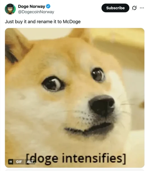 Community suggestion to rename McDonald's to 'McDoge'