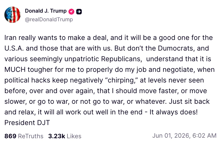 Screenshot of Trump's Truth Social post regarding Iran
