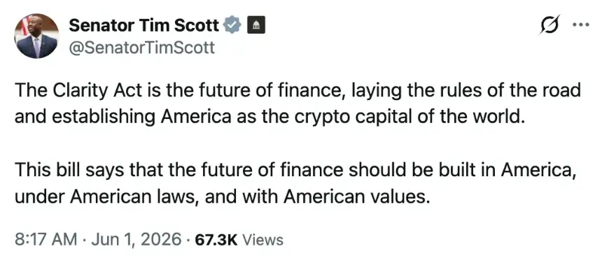Screenshot of Senator Tim Scott's post regarding the CLARITY Act