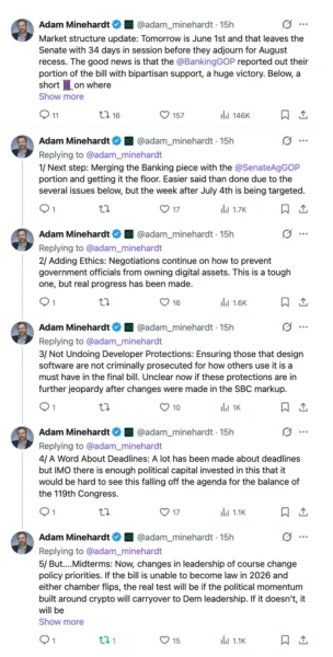 Screenshot detailing the Senate's legislative timeline for the CLARITY Act