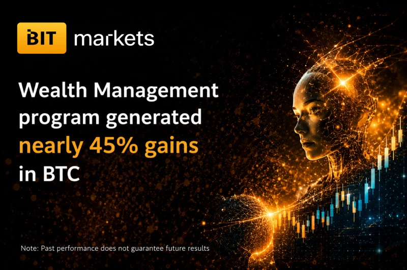 Chart showing BITmarkets AI strategy performance versus passive Bitcoin benchmark