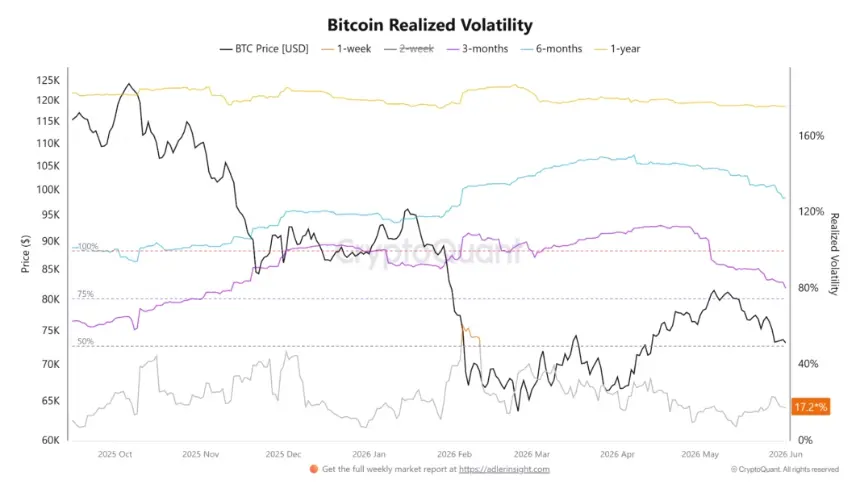 Chart showing Bitcoin's three- and six-month realized volatility trending downward
