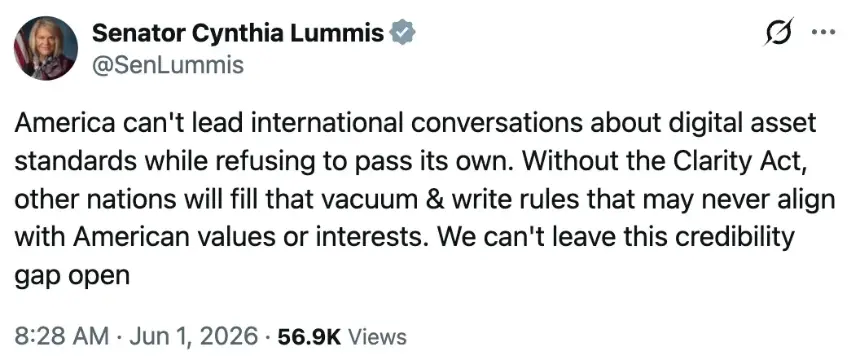 Screenshot of Senator Cynthia Lummis's post regarding digital asset standards