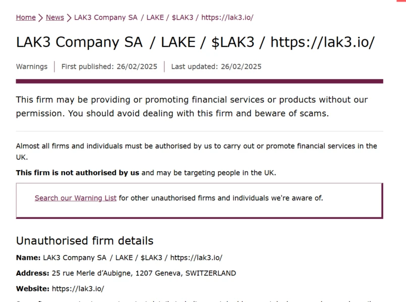 Screenshot of the FCA warning list showing LAK3 Company