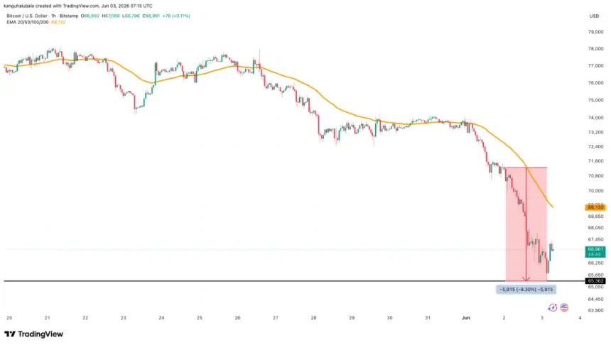 Bitcoin daily price chart showing drop to $65,362