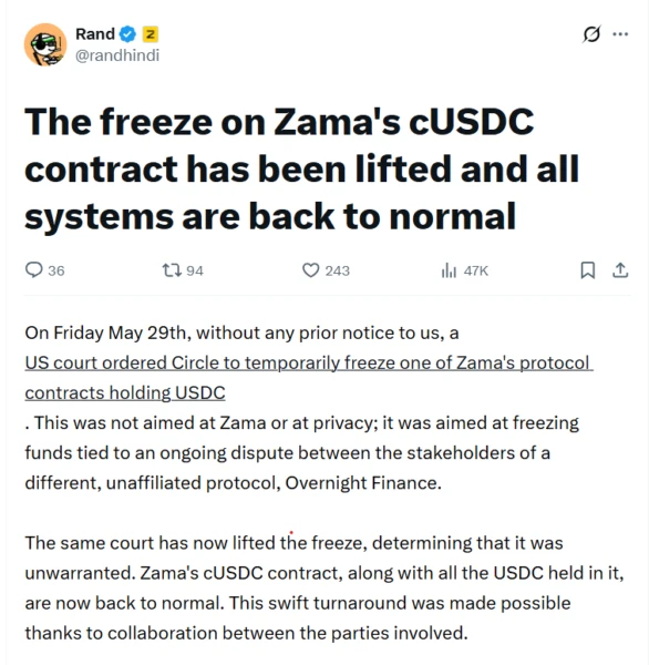 Graphic related to Zama USDC freeze being lifted