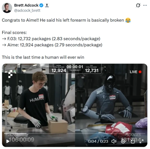 A comparison image showing human vs robot package sorting.