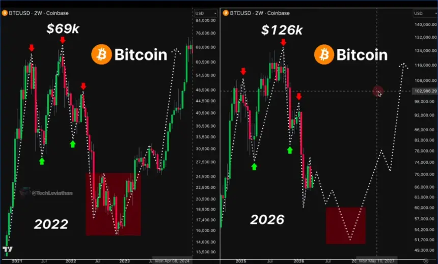 Bitcoin two-week chart comparison between cycles