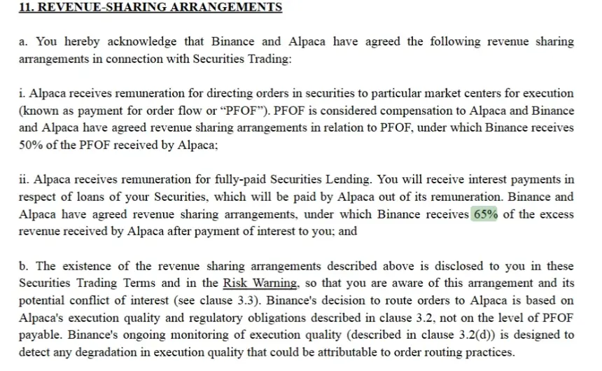 Binance Securities Trading Terms for tokenized stocks and ETFs, Revenue-Sharing Arrangements