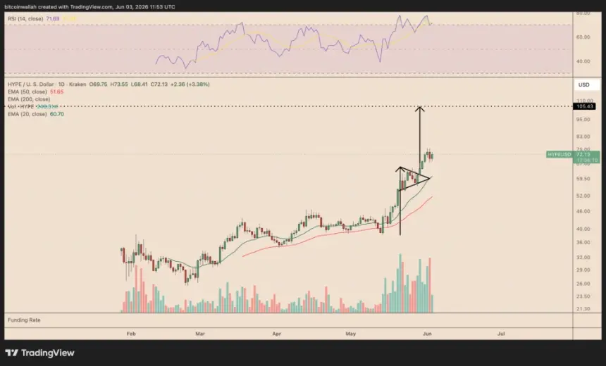 Daily price chart for HYPEUSD showing the bull pennant pattern and potential price targets