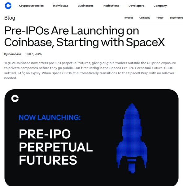 Screenshot of Coinbase's Pre-IPO perpetual futures product announcement