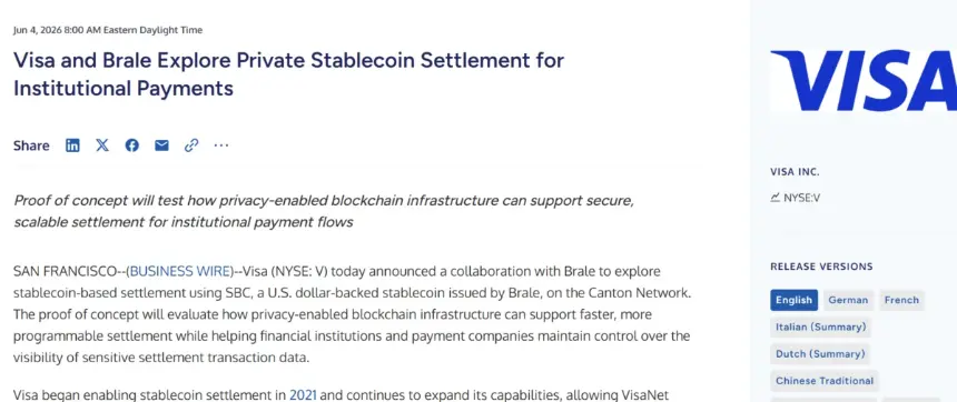 Visa and Brale explore private stablecoin settlement