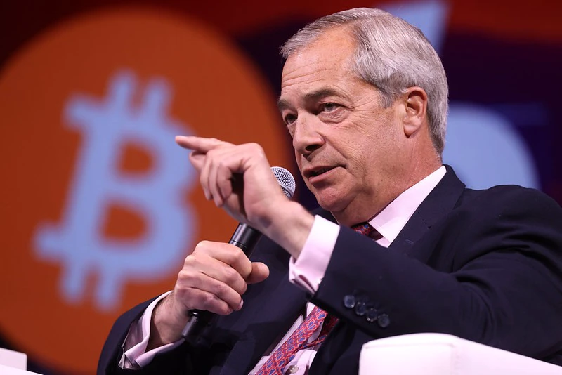 Nigel Farage speaking at the Bitcoin 2025 conference in Las Vegas